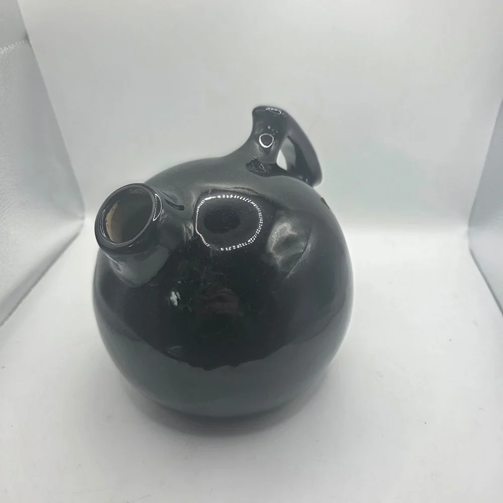 Vintage Camark Art Pottery Black Glossy Spherical Round Jug Single Handle Spout
